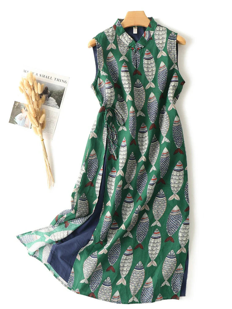 Elegant Green Chinese Style Qipao Dress For Summer Women