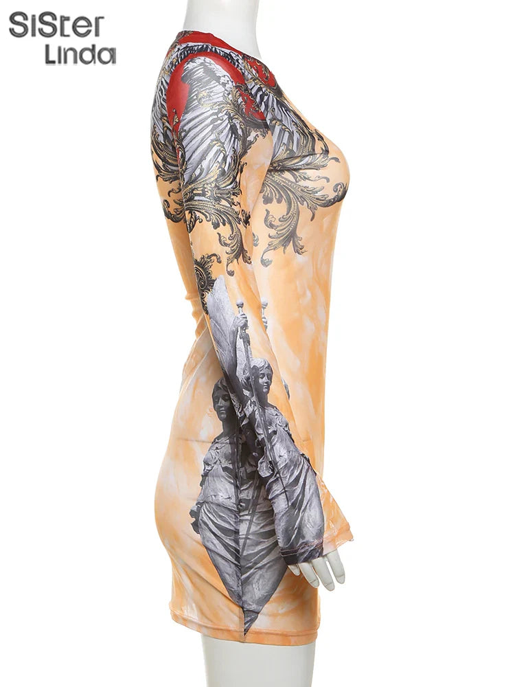 Aesthetic Print Mini Dress With Long Sleeve O Neck Chic