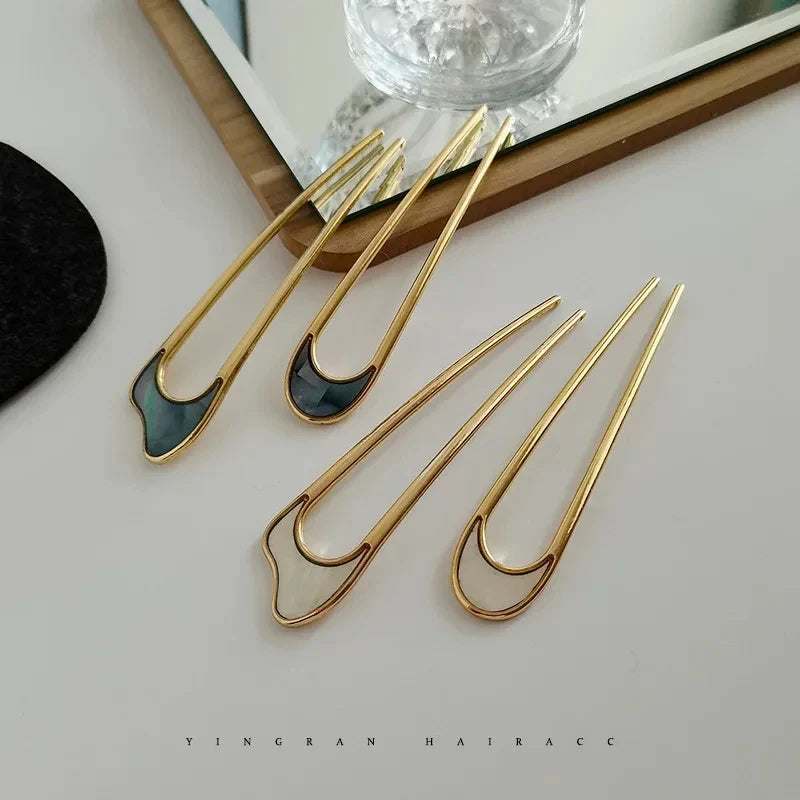 Elegant U Shape Hair Stick for Women in Silver and Gold Color with Shell Enamel Design