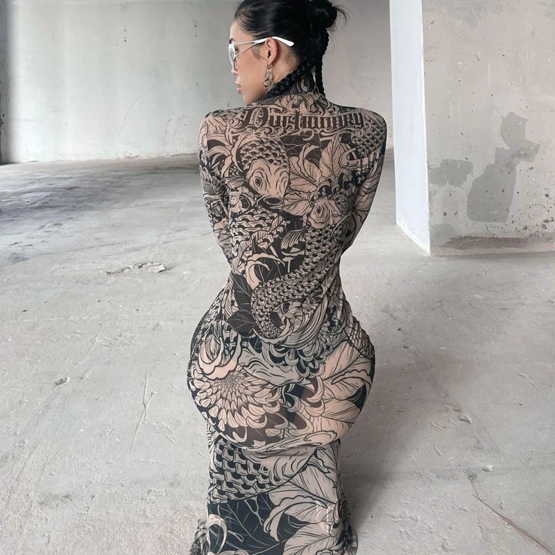 Women Mesh See Through Bodycon Long Sleeve Dress Autumn