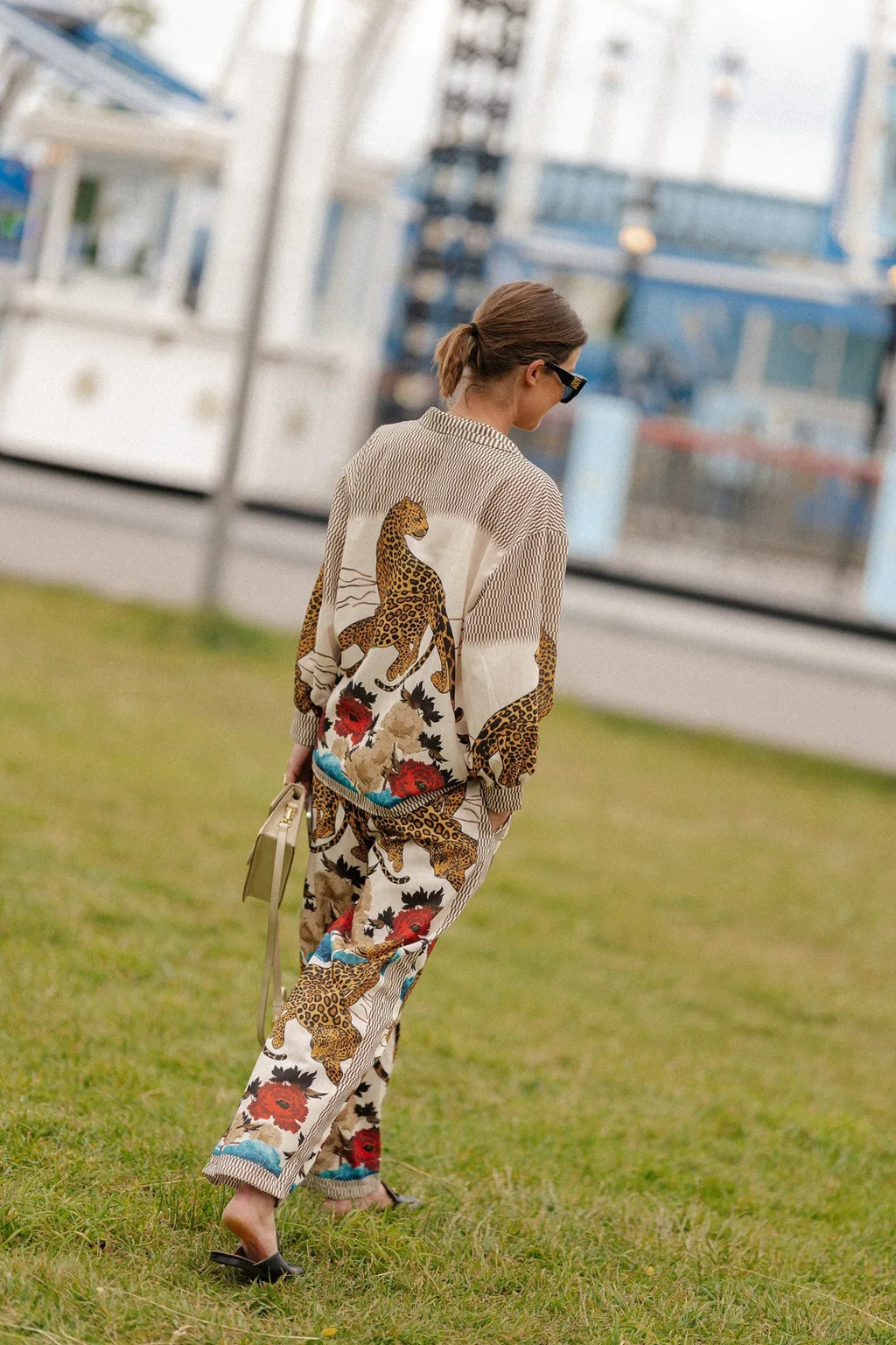 Autumn Women Leopard Print Suit Vintage Single Breasted Wide Leg Pants Set Casual Loose Outfit