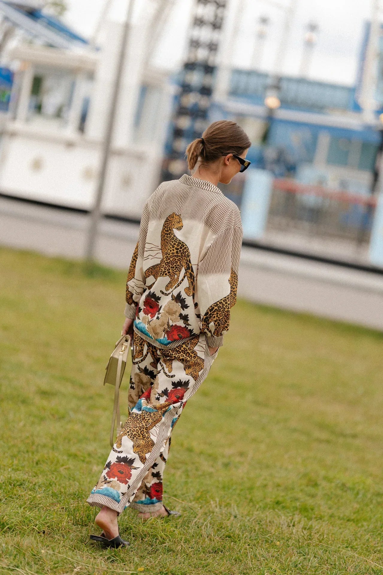 Autumn Women Leopard Print Suit Vintage Single Breasted Wide Leg Pants Set Casual Loose Outfit