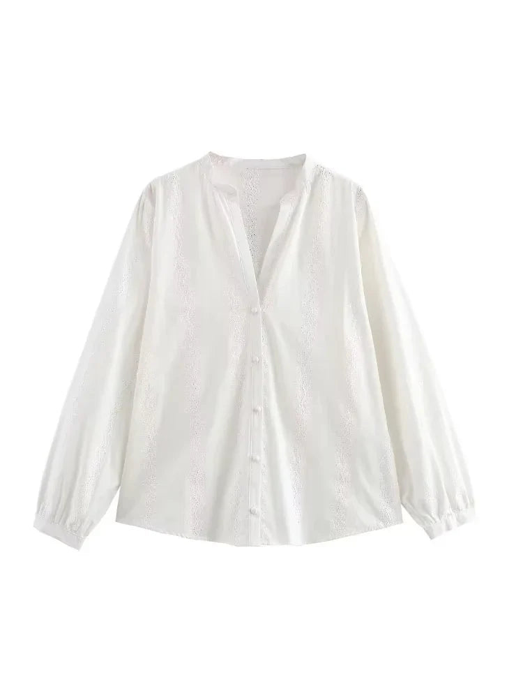 Womens Long Sleeve Cutwork Embroidery Shirt Chic Blouse with Front Covered Buttons Elegant Fashion Top