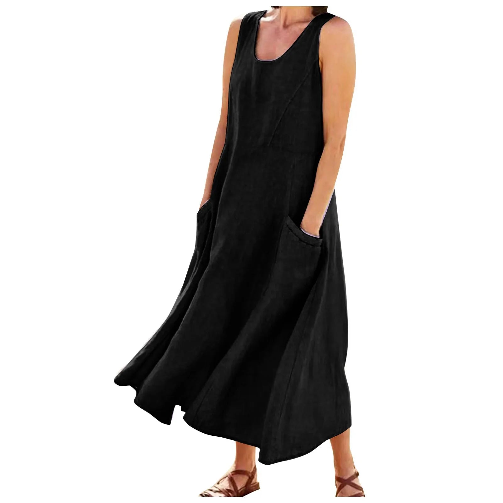 Cotton Linen Maxi Dress Plus Size Boho Sleeveless Pocket