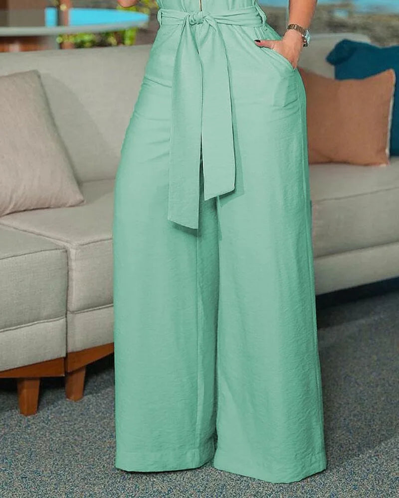 Sleeveless Wide Leg Jumpsuit for Women with Belted Waist Deep Crotch Lapel Design Summer Commute Office Casual Wear