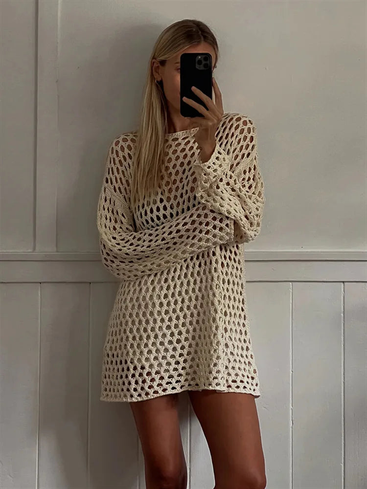 Knit Hollow Out Beach Cover Up Dress See Through For Women