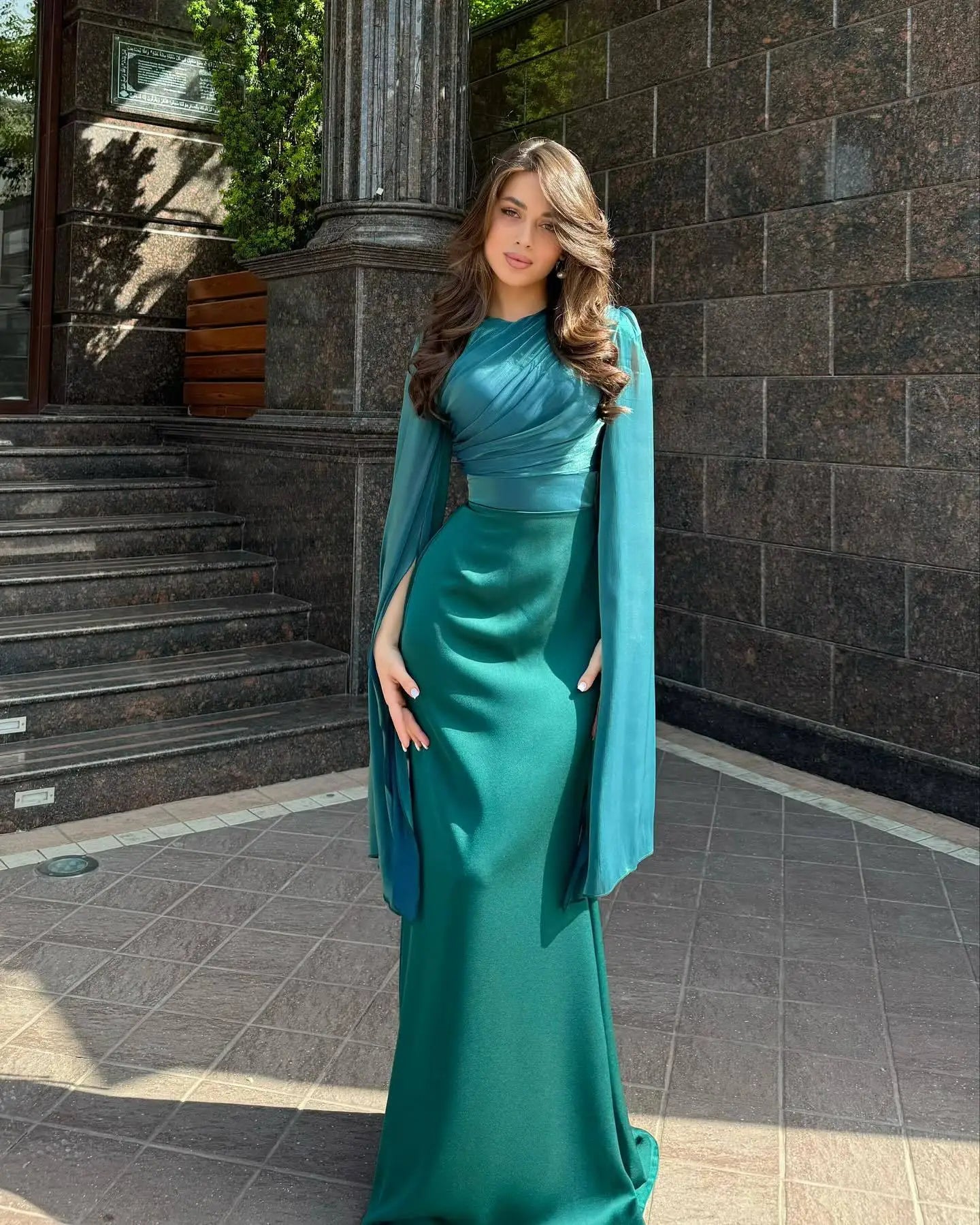 Summer Satin Long Sleeve Evening Gown Dress Slim Fit