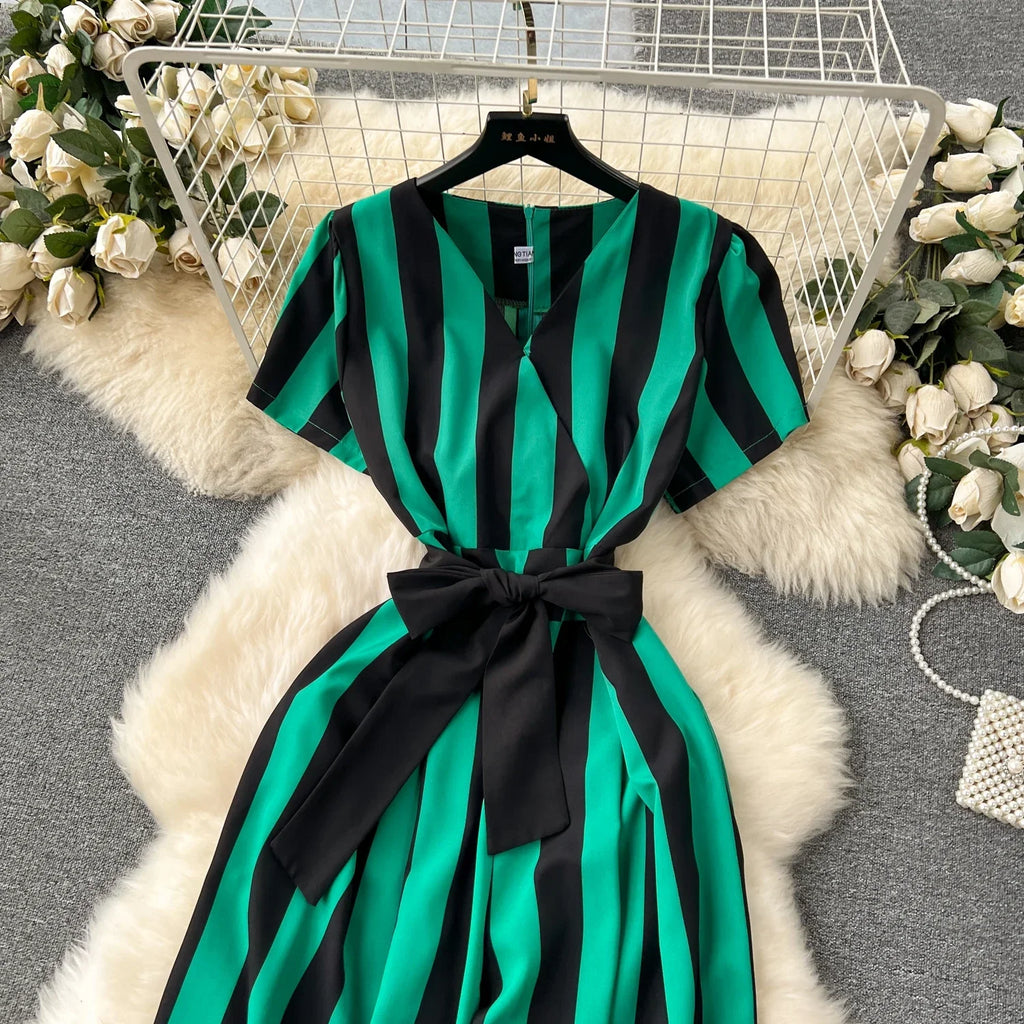 Sleeveless V Neck Stripe Jumpsuit for Women with Lace Up Bow Detail Summer Long Romper High Street Korean Inspired Style