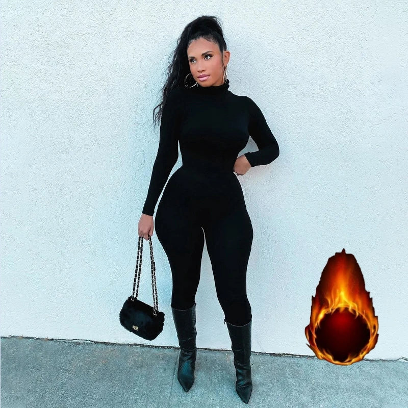 Solid Black Gray Long Sleeve Skiing Jumpsuit for Women Slim Fit Elastic High Waist Fitness Sportwear Romper Streetwear Outfit