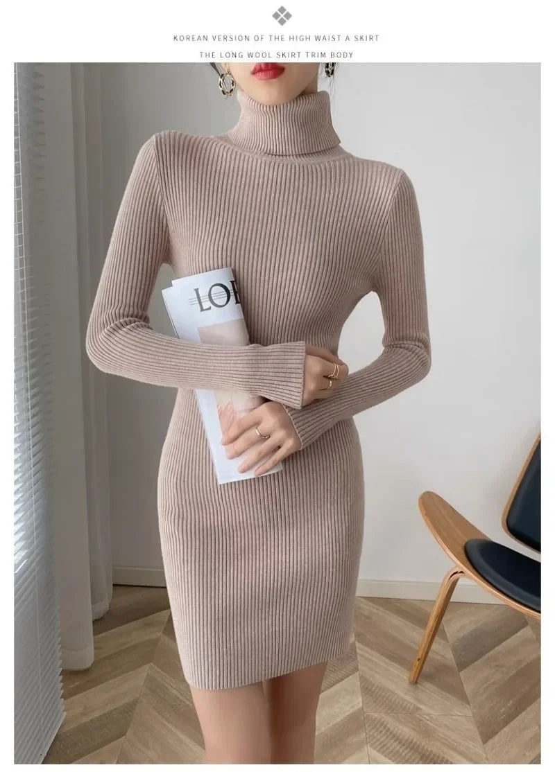Korean Turtleneck Sweater Dress Bodycon Knit For Office