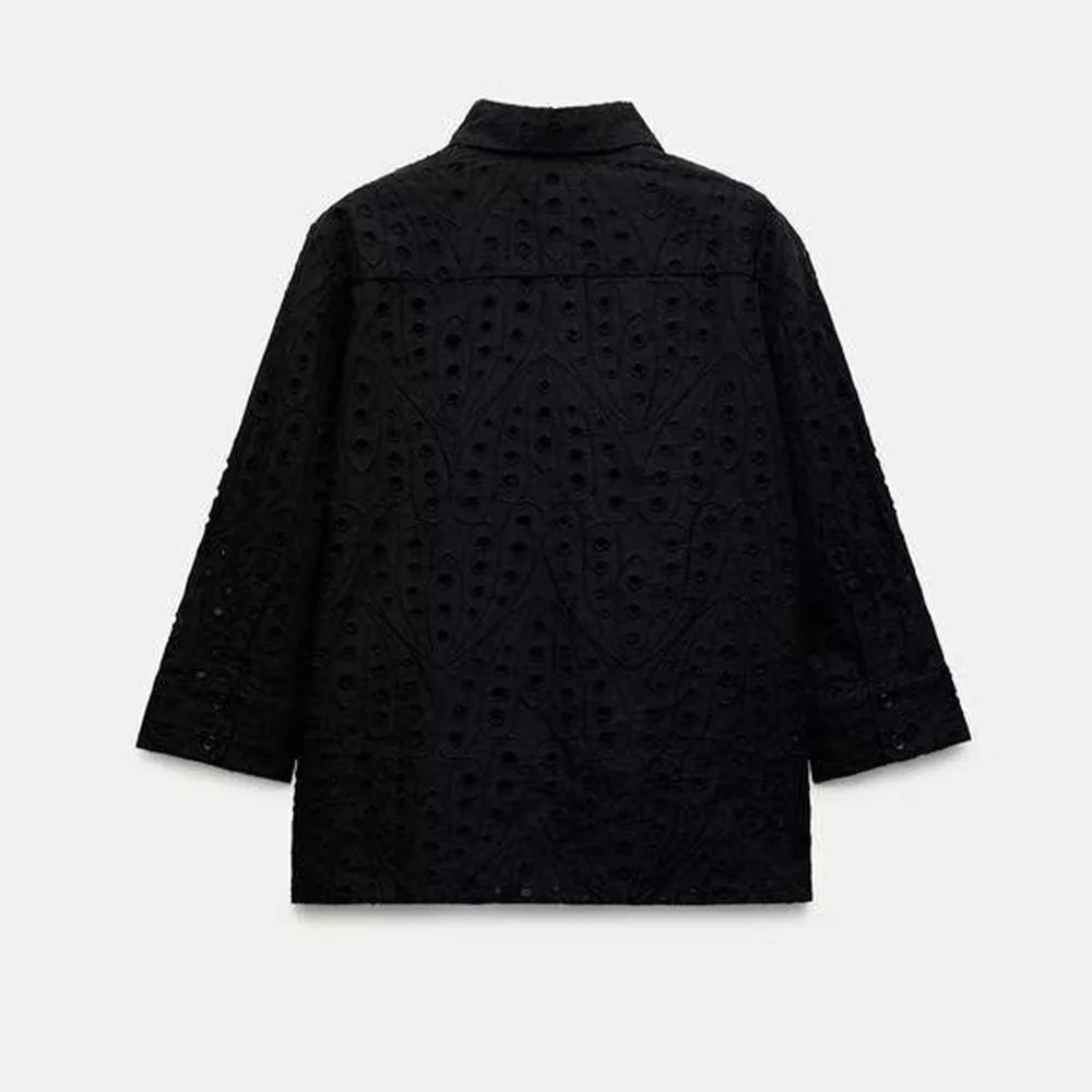 Women's Autumn Hollow Embroidery Poplin Lapel Single Breasted Shirt Stylish Slim Fit Office Casual Blouse