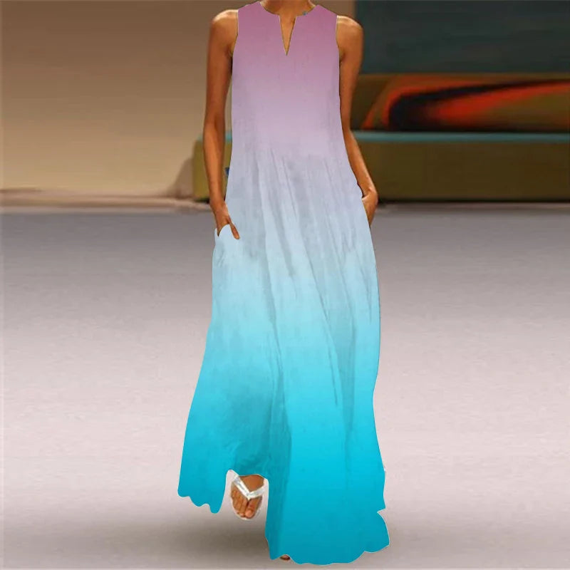 Sleeveless V Neck Printed Maxi Dress For Summer Beachwear