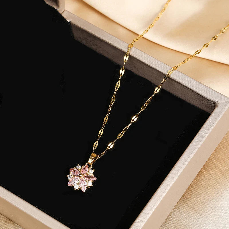 Cute Pink Sakura Pendant Stainless Steel Necklace for Women with Clavicle Chain and 18K Gold Plating, Perfect Gift for Fashion Lovers