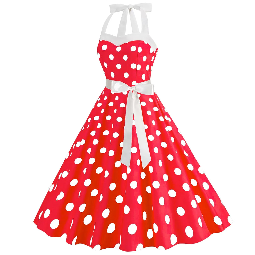 Ladies Vintage Polka Dot Backless Lace Up Swing Dress