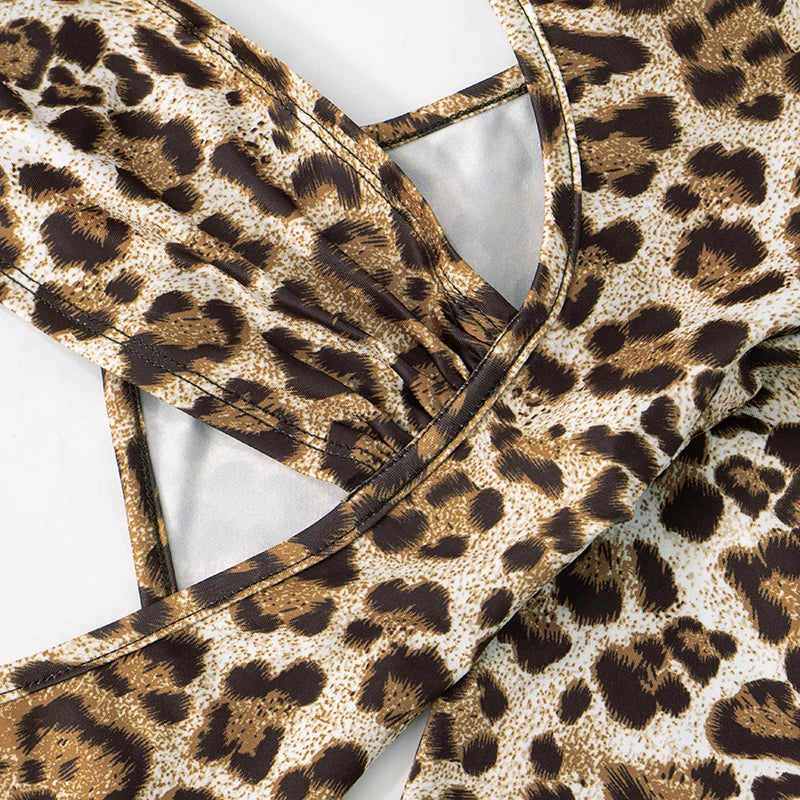 Leopard Print Long-Sleeved Crop Top with High-Waisted Trendy Jumpsuit Sexy Chic Stylish Outfit for Women