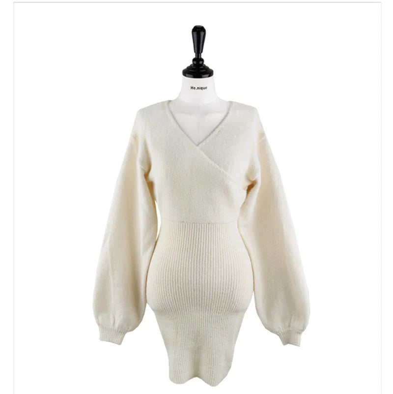 Cross V Neck Knitted Sweater Dress Wrap Style Short Fit