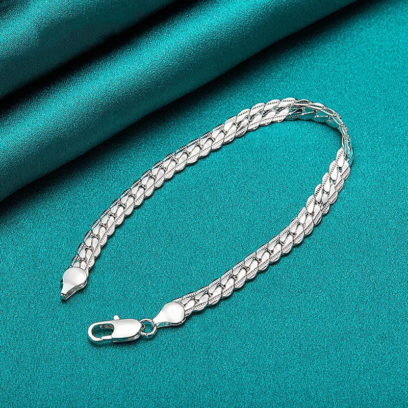 925 Silver Flat Side Chain Bracelet with Lobster Clasp for Women and Men, Adjustable 6mm Jewelry Gift for Weddings and Engagements