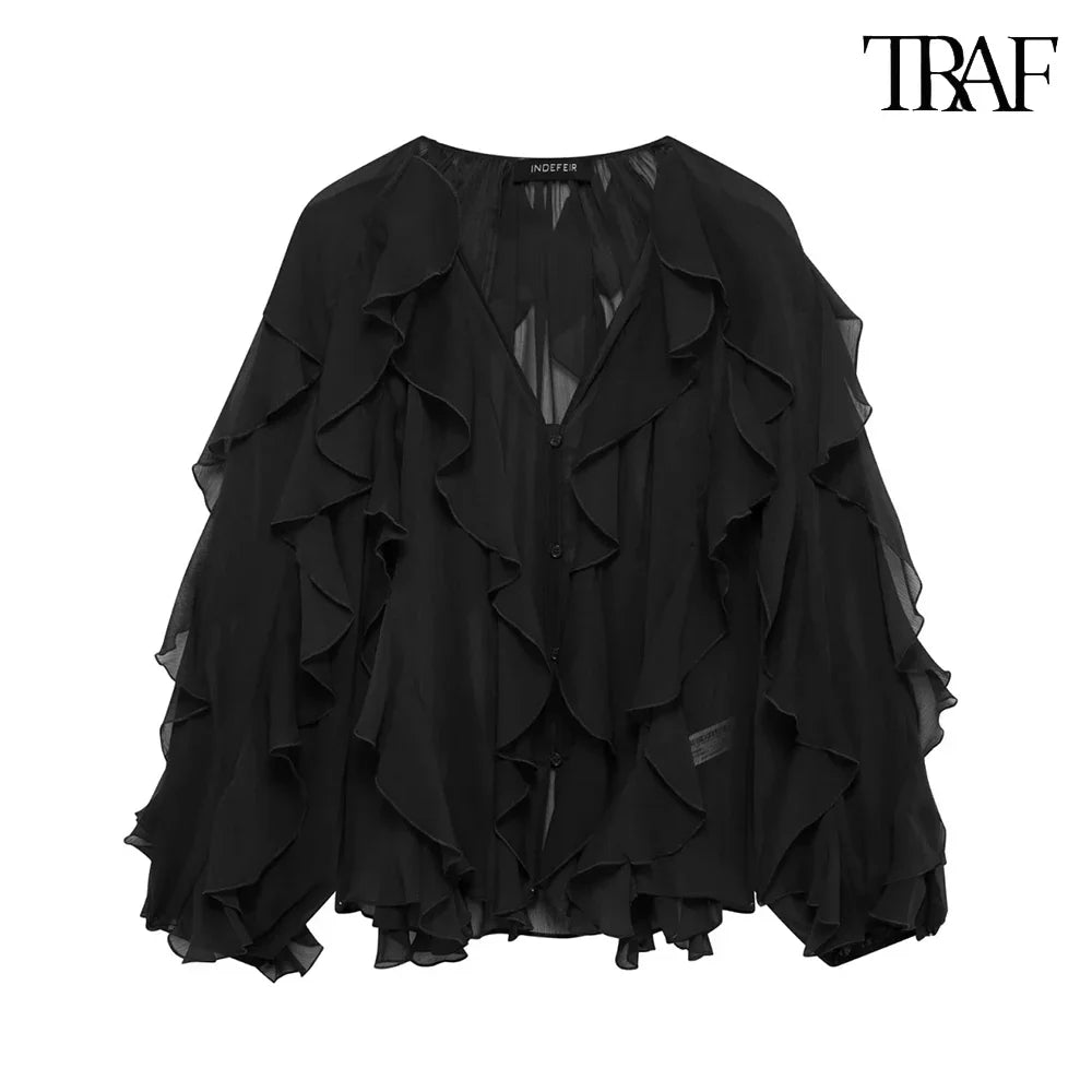 Elegant Solid Color Multi-Layered Ruffle V-Neck Sheer Long Sleeve Loose Blouse for Women