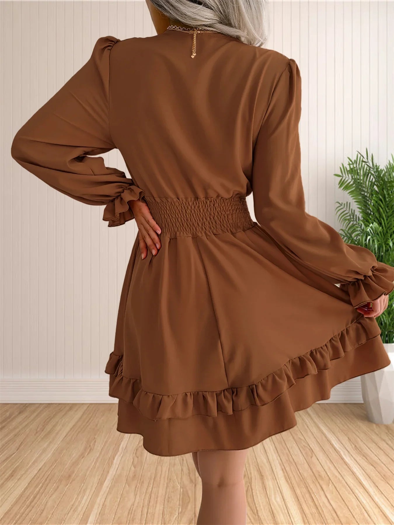 Womens V Neck Knot Front Smocked Waist Tiered Skater Dress