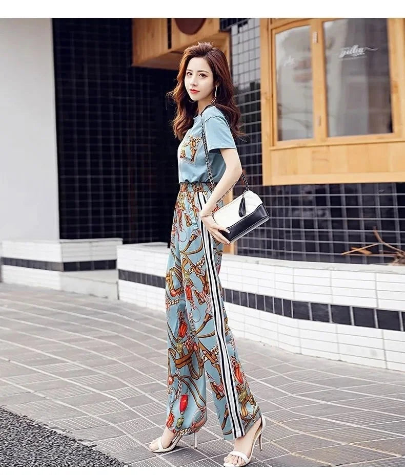 Women's Plus Size Two Piece Suit Set with Short Sleeve Tops and Wide Leg Pants for Casual Summer Fashion