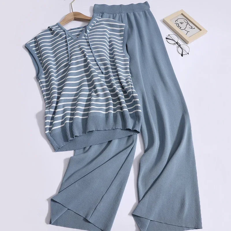 Women Casual Summer V-Neck Striped Tank Top and High Waist Wide Leg Pants Set
