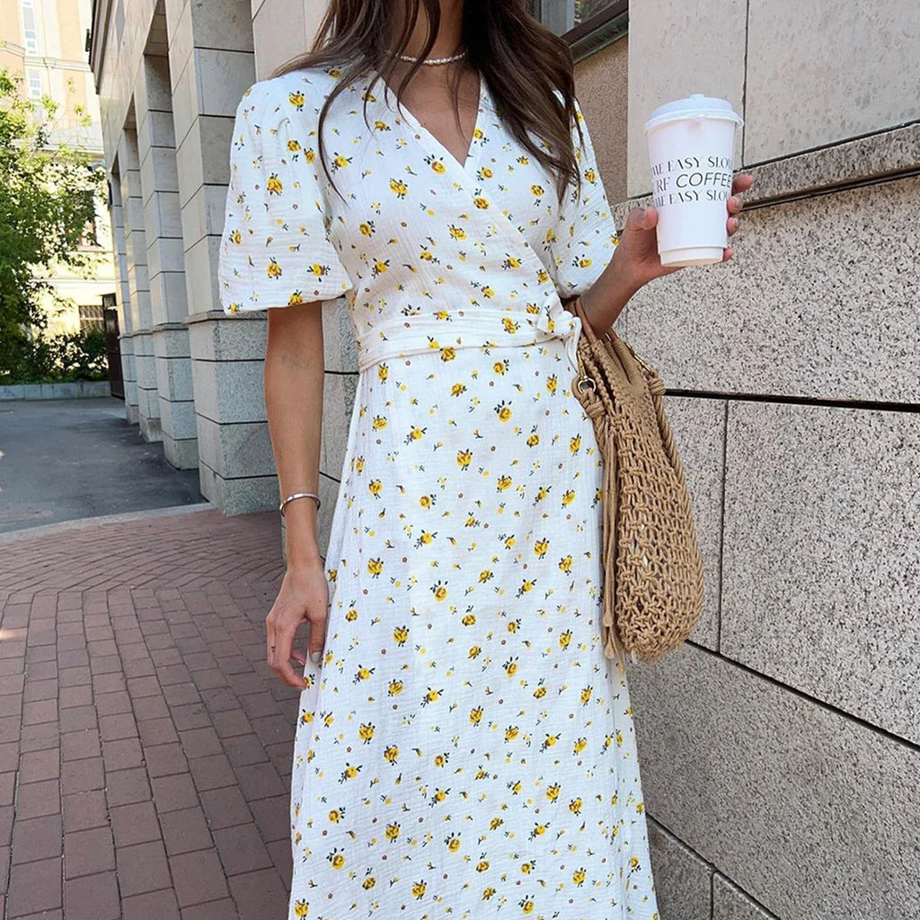 Cotton Lace Up Summer Dress For Women V Neck Casual Office