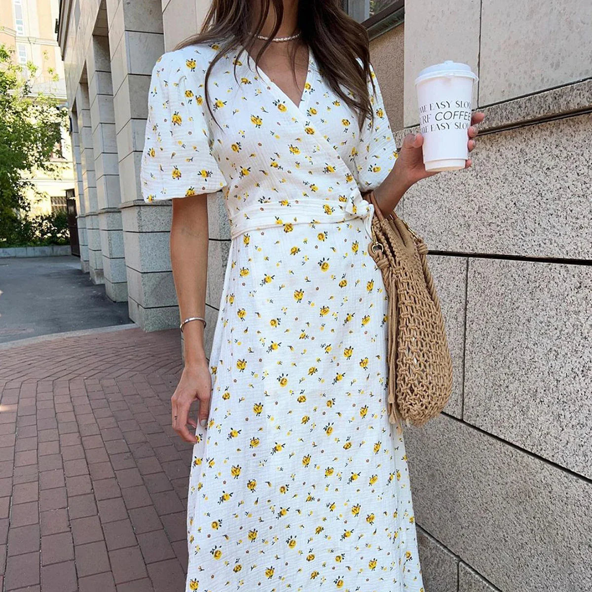 Cotton Lace Up Summer Dress For Women V Neck Casual Office