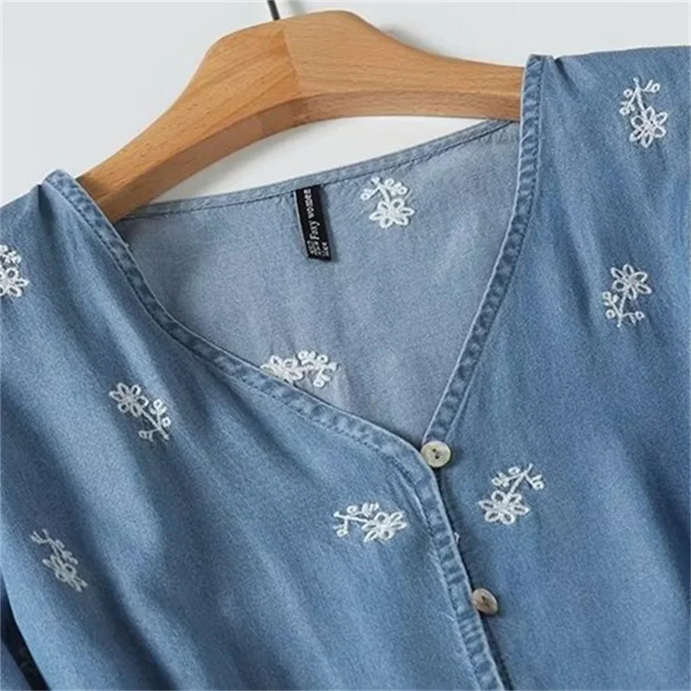 Womens V Neck Embroidered Dress Casual Elegant Short Sleeve
