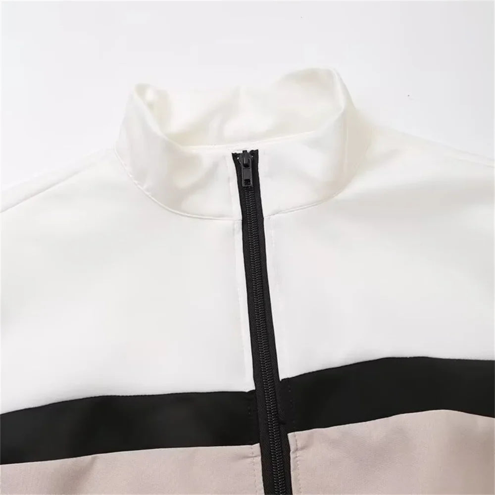 Women's Fashion Casual Zipper Pilot Jacket and High Waist Wide Leg Pants Set with Side Stripes