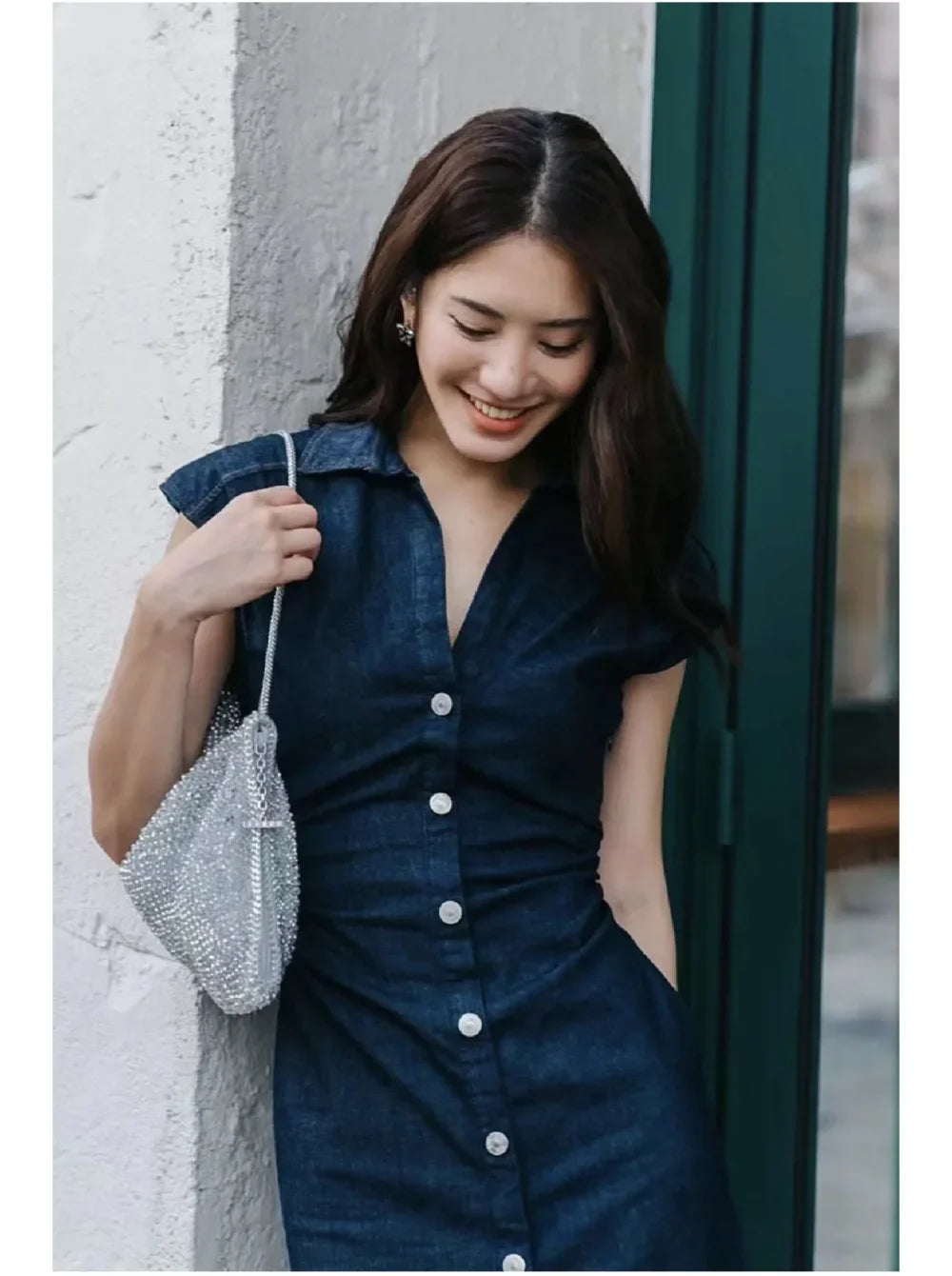 Fitted Denim Midi Shirt Dress With V Neck Long Sleeve
