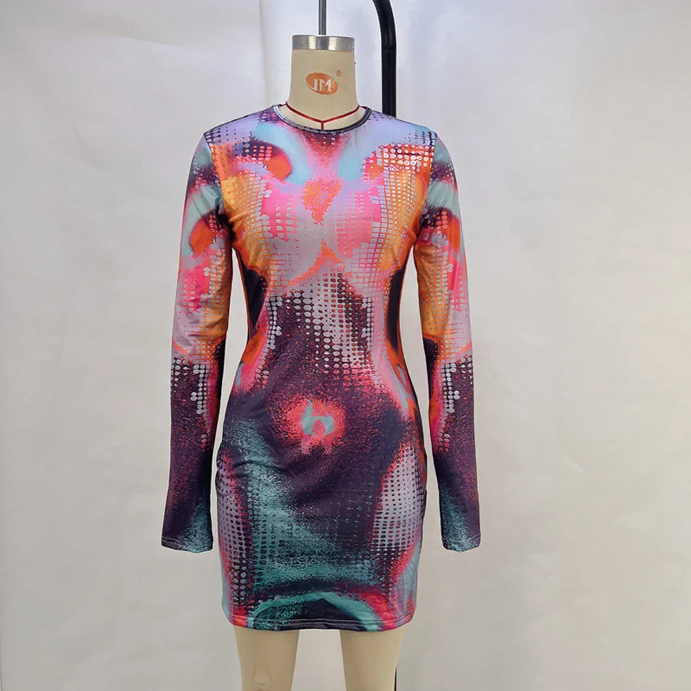 Autumn Winter Printed Round Neck Long Sleeve Womens Dress