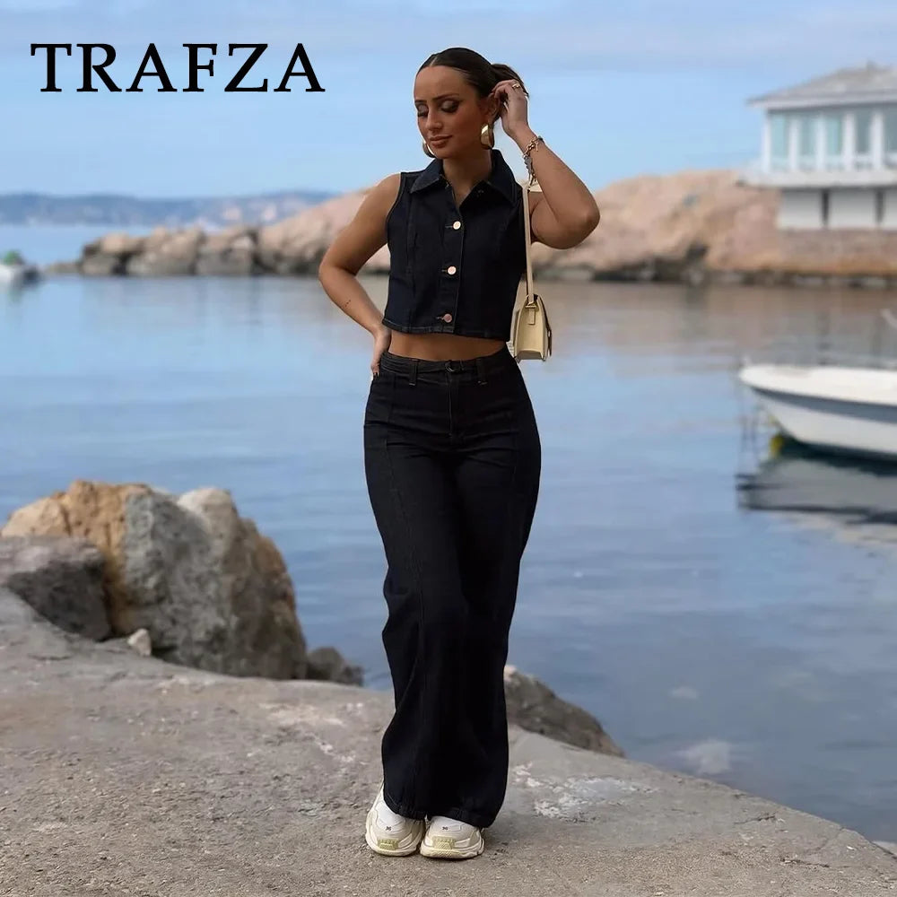 Chic Vintage Denim Women Suit Set Sleeveless Single Breasted Vest with Stylish Sash and Flare Pants Spring Summer Streetwear