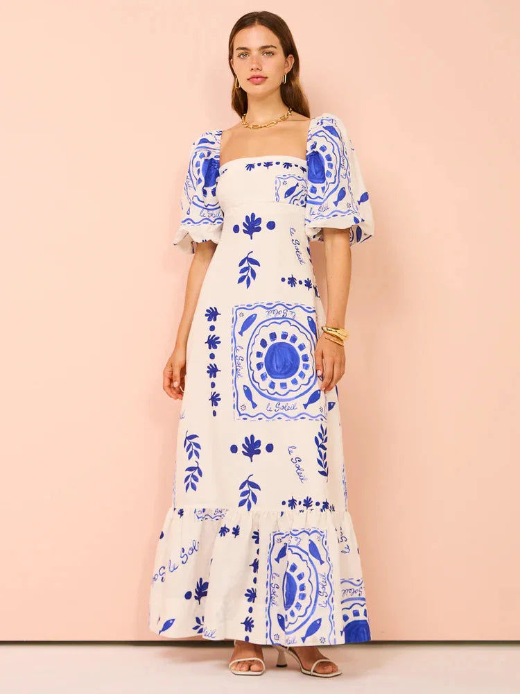 Bohemian Printed Lantern Sleeve Maxi Dress With Collar