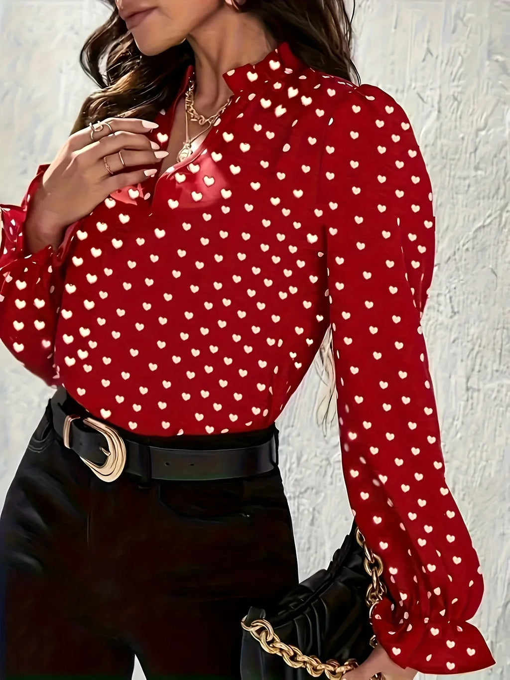 Women's Slim Fit Stand-Up Collar Shirt with Heart-Shaped Print Sweet and Stylish Top for Spring and Summer Daily Wear