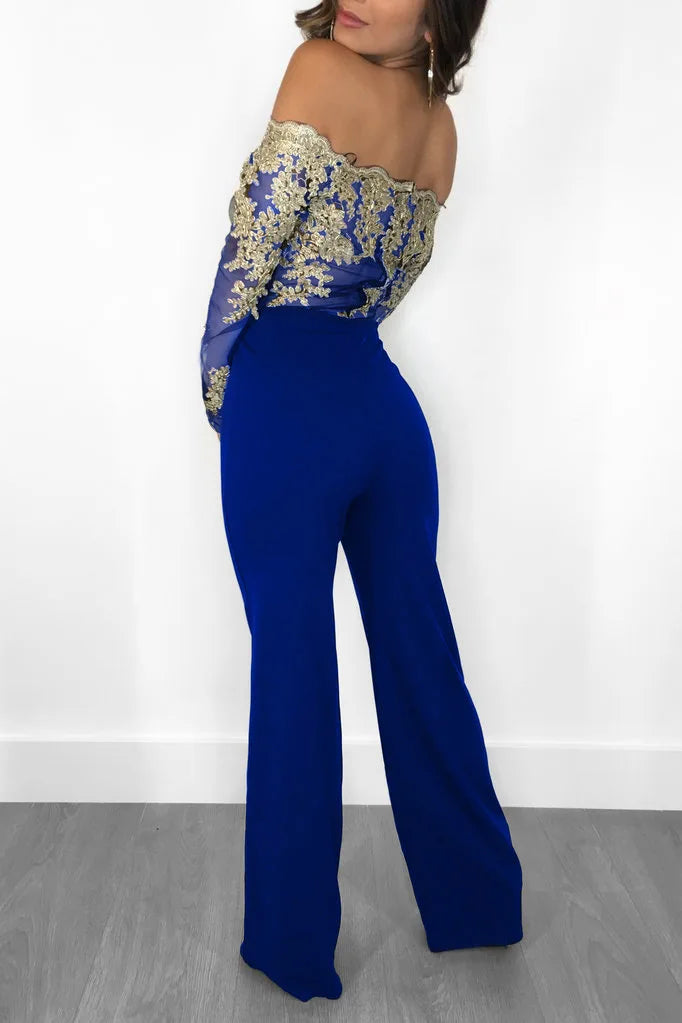 Appliques Lace Patchwork Off Shoulder Jumpsuit for Women with Slash Neck Long Sleeve and Elegant Wide Leg Pants Party Overalls