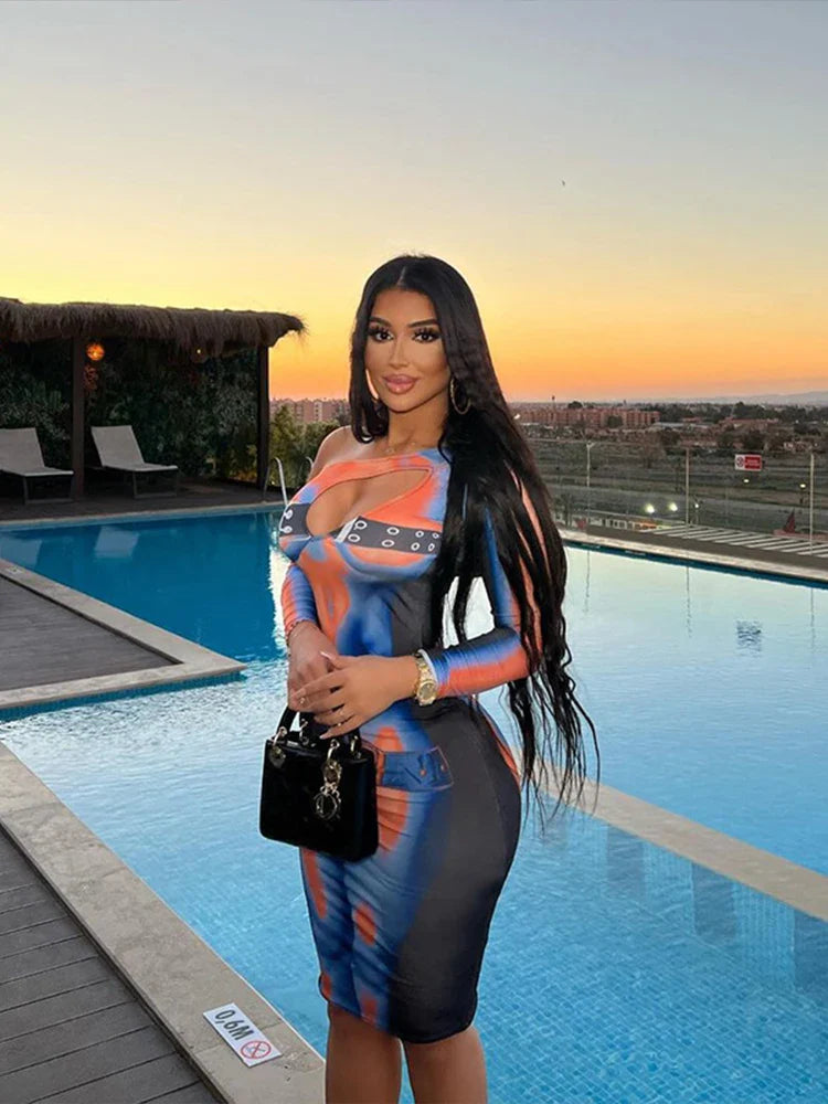 Off Shoulder Hollow Out Party Dress Sheath Multicolor