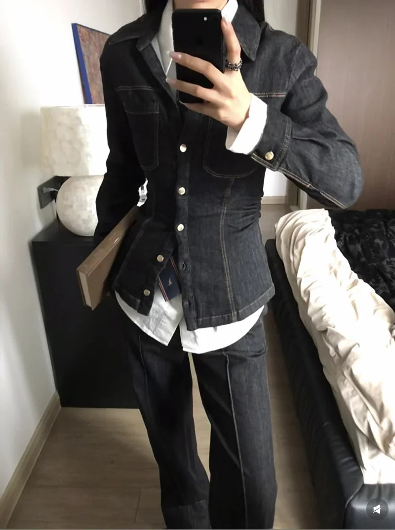 Women's Slim-Fit Denim Shirt with Stretch Waist and Flare Trousers for Comfortable Spring Style