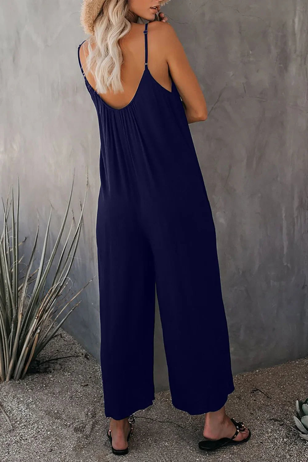 Women's Summer Strap Jumpsuit with Solid Color Design and Convenient Side Pockets Casual Lightweight Romper
