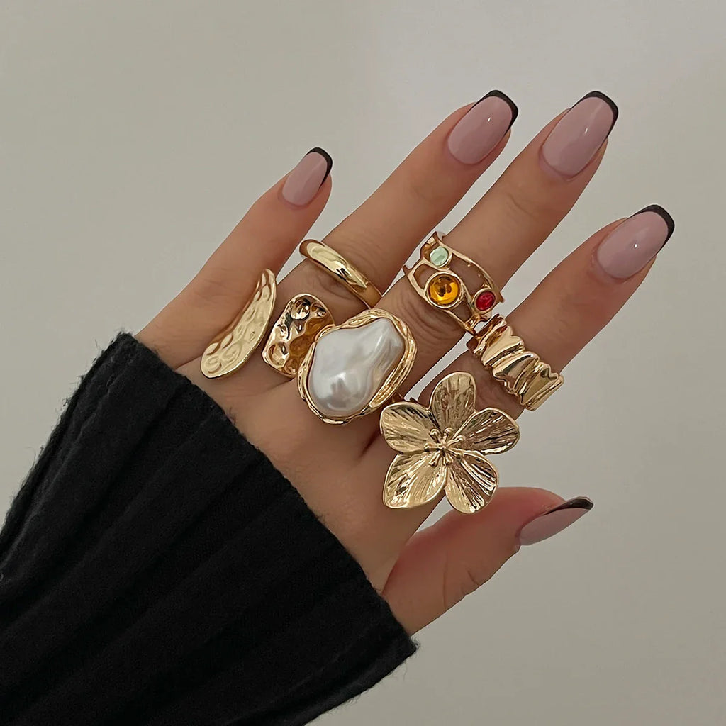 Irregular Exaggerated Metal Flower Open Rings Set for Women with Imitation Pearl Elegant Baroque Jewelry Accessories