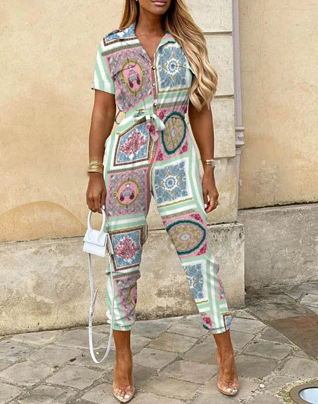 Summer Casual Women's Jumpsuit with Lapel Collar Printed Waistband and Stylish Buckle Detail