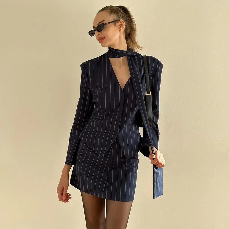 Women's Street Striped Blazer and Skirt Set Slim V-Neck Single Breasted Coat with Ribbon Accent Hip-Hugging Package Skirt Chic Spring Summer Outfit