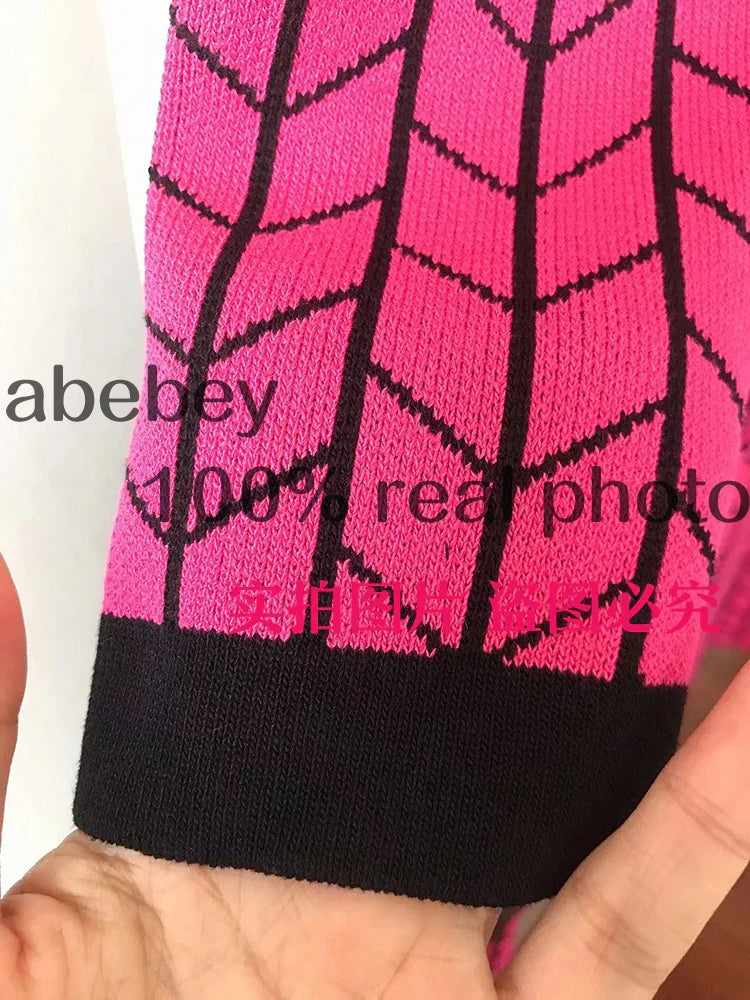 Autumn Plaid Knit Dress Women V Neck Elastic Waist Midi