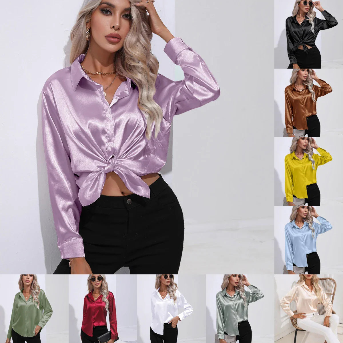 Elegant Autumn Satin Blouse for Women Multicolor Slim Fit Solid Vintage Style Transparent Button Shirt Perfect for Casual and Party Wear