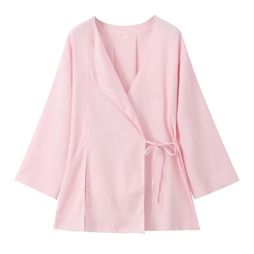 Casual Chic Solid Two Piece Women Set with Long Sleeve Kimono Jacket and Pants Nightwear Suit
