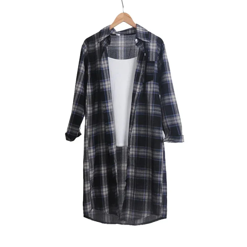Women's Plaid Long Sleeve Shirt Vintage Button-Up Blouse Casual Lightweight Summer Top