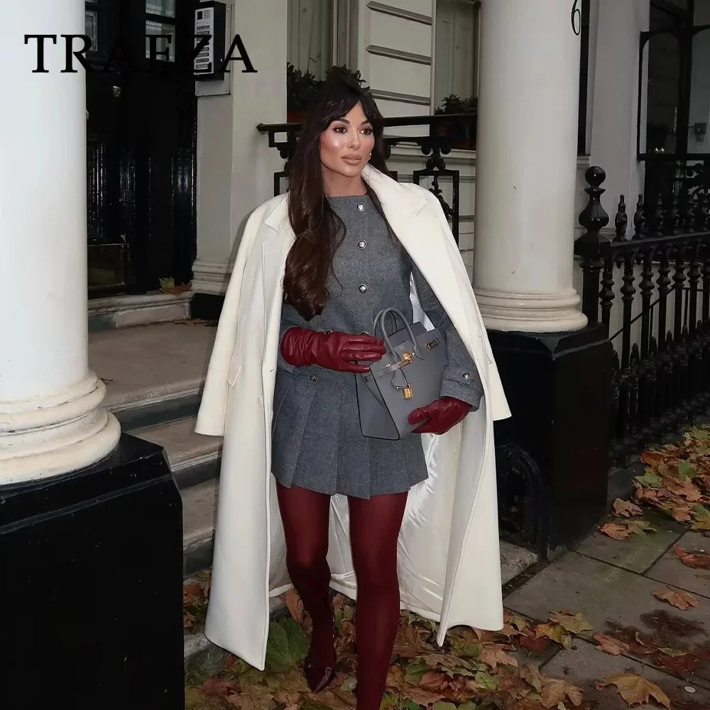 Double Breasted Epaulet O Neck Jacket with Chic Sashes and Pleated Mini Skirt Women's Streetwear Suit