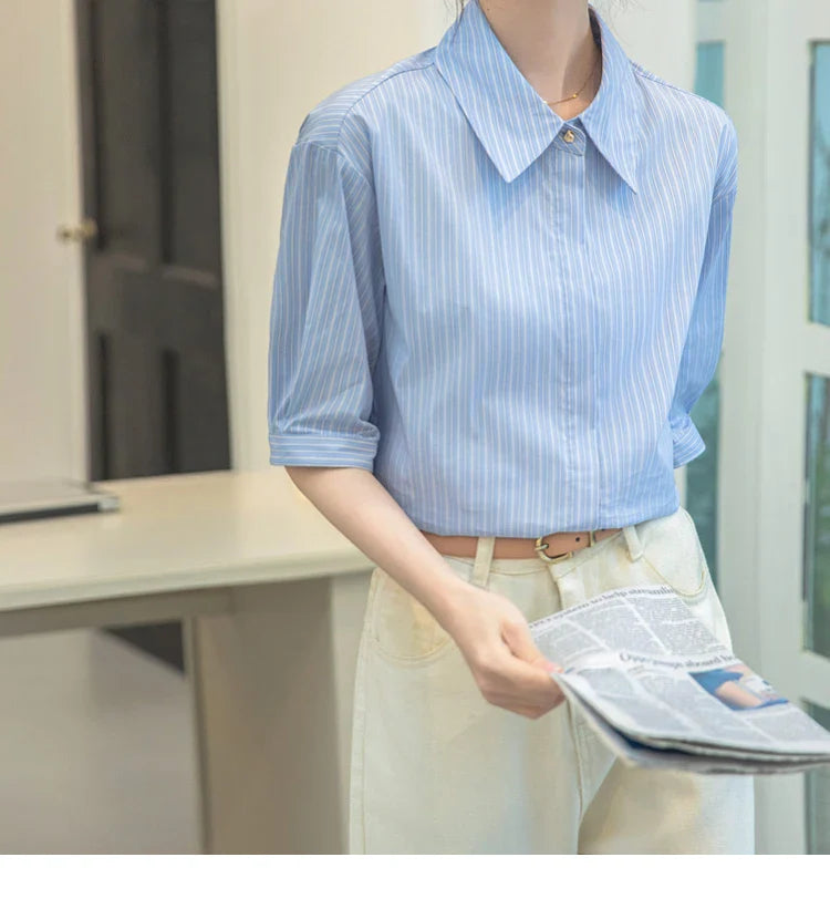 Women Casual Blue Stripe Short Sleeve Polo Collar Shirt Elegant Loose Office Blouse Single Breasted Summer Chic Top