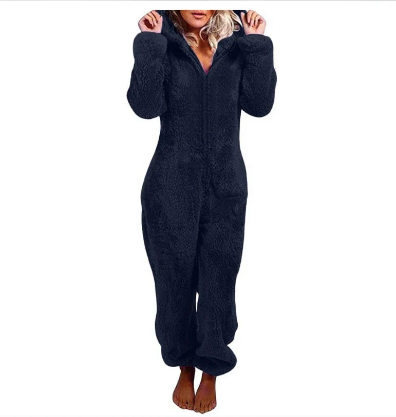 Women's One-Piece Hooded Jumpsuit Thickened Full-Length Overalls Cozy Autumn Winter Wear
