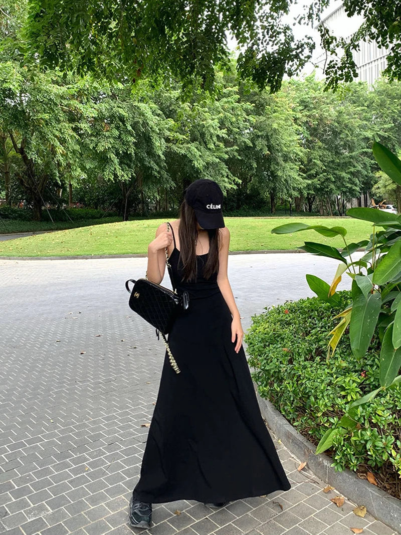 Y2K Black Strap Long Dress Sleeveless Bodycon Sundress