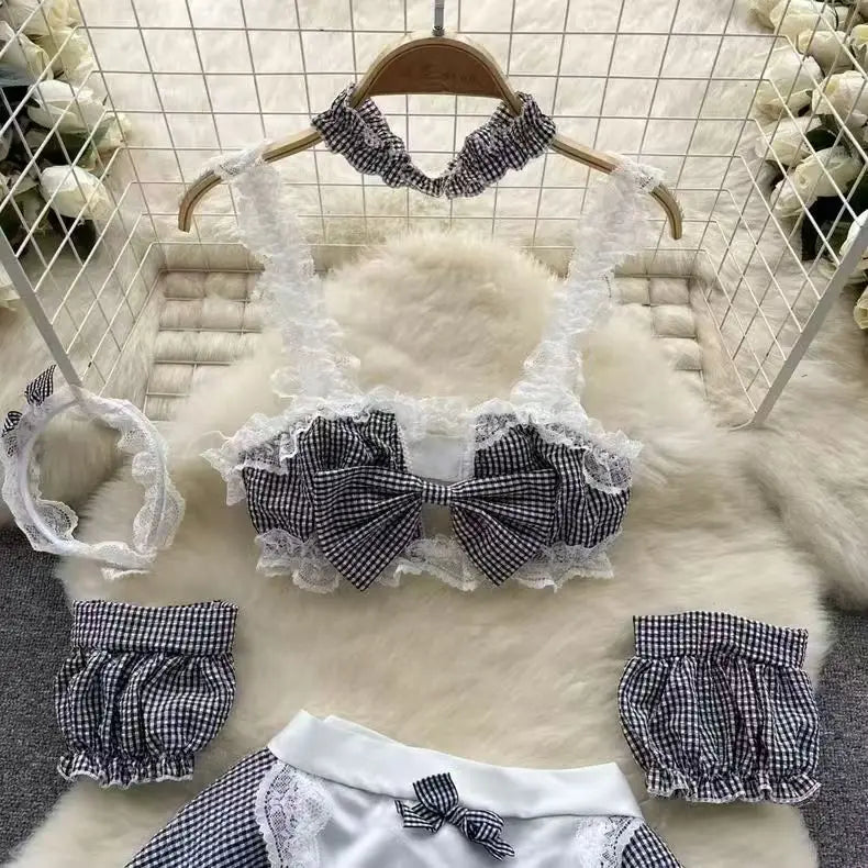 Sexy Maidservant Apron Dress Three Piece Set Lace Trimmed Plaid Cosplay Lingerie Nightwear for Women
